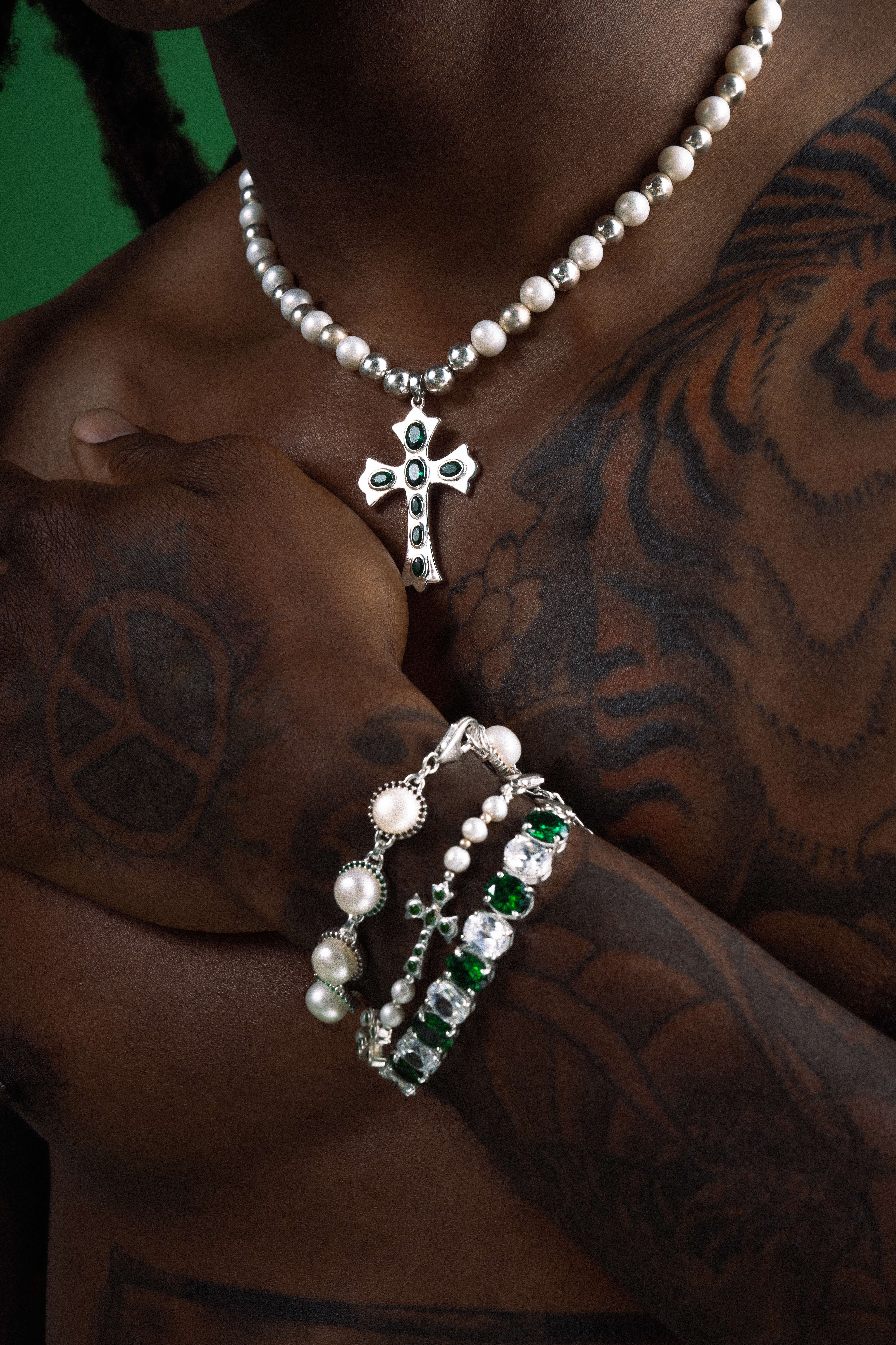 DeAndre Hopkins, Pearl Cross Pendant, Layered Bracelets