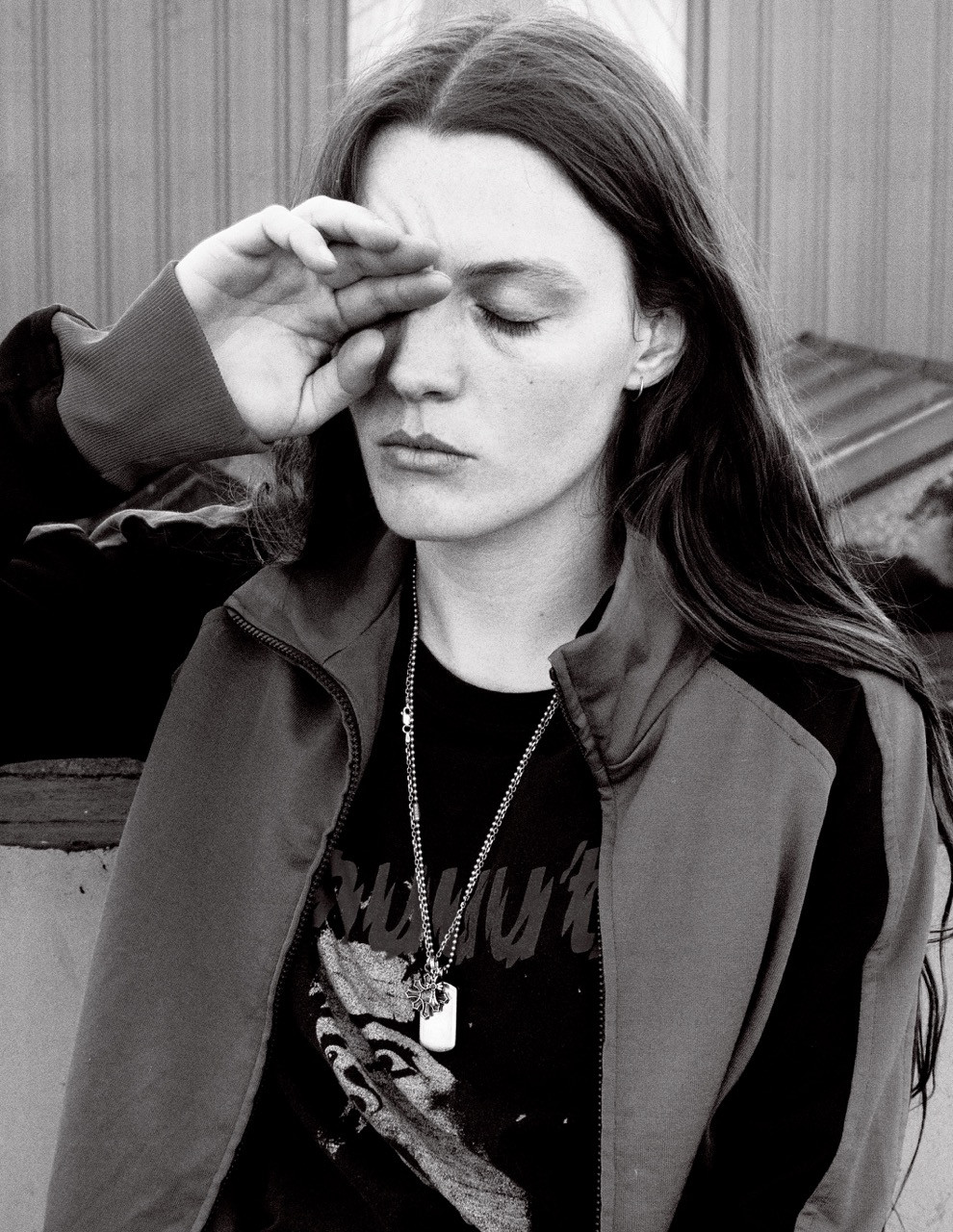 JACKET by ATTACHMENT, T-SHIRT by UNDERCOVER, NECKLACES by DAVID YURMAN, CHROME HEARTS, and BRUEN DESIGNS