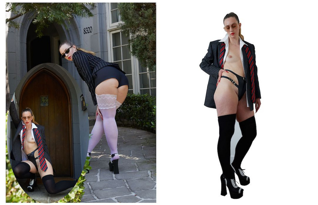 Jacket and shirt CELINE, shoes and tie MOSCHINO, underwear DEAD LOTUS COUTURE, tights GIVENCHY, glasses GENTLE MONSTER. Jacket and shoes MOSCHINO, shorts VALENTINO, tights WOLFORD, glasses GENTLE MONSTER 